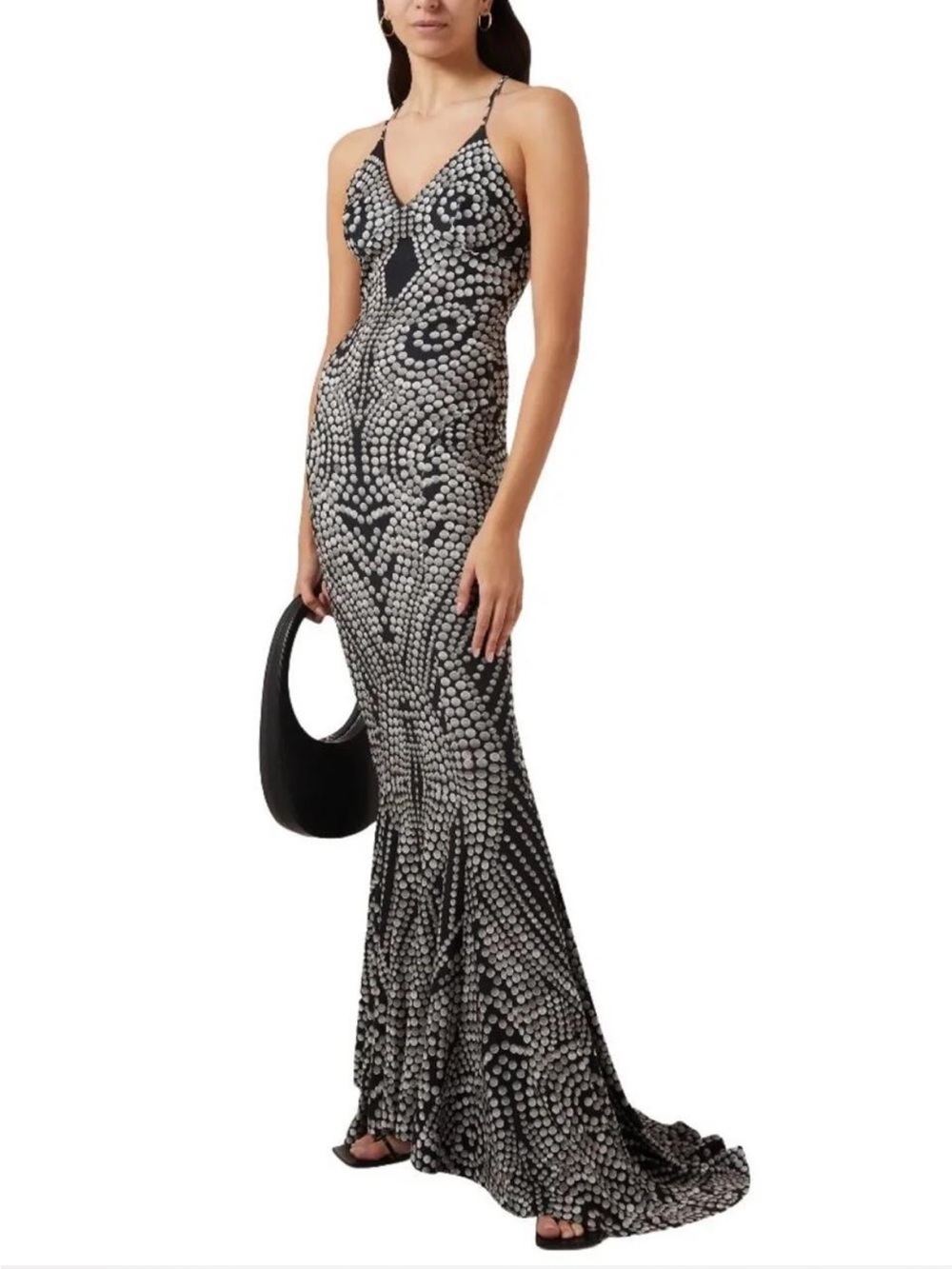 Norma Kamali Black and White Patterned Spaghetti-Strap Evening Gown